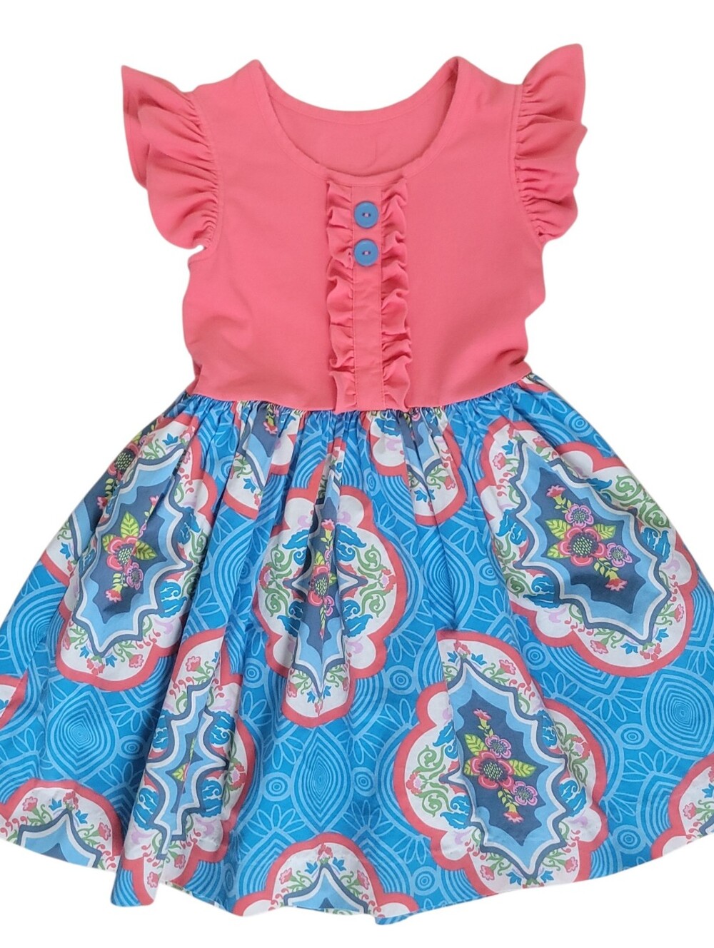 Eleanor Rose Girls Rhonda Dress Coral Blue Floral Ruffle Flutter Sleeve Size 6-7